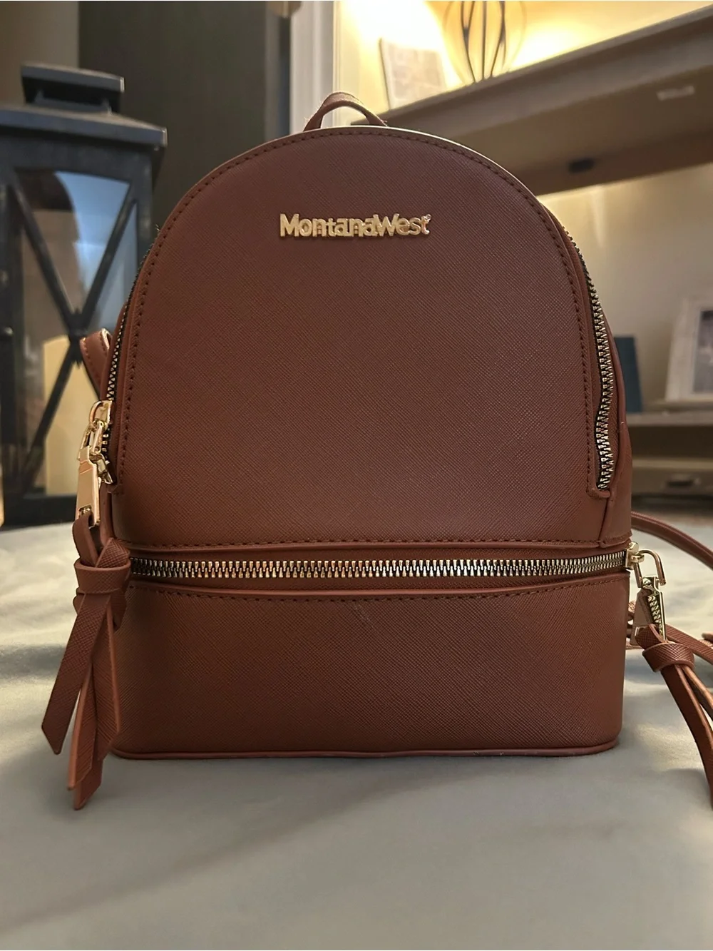 Montana West Brown Saffiano Mini Backpack with Gold Hardware